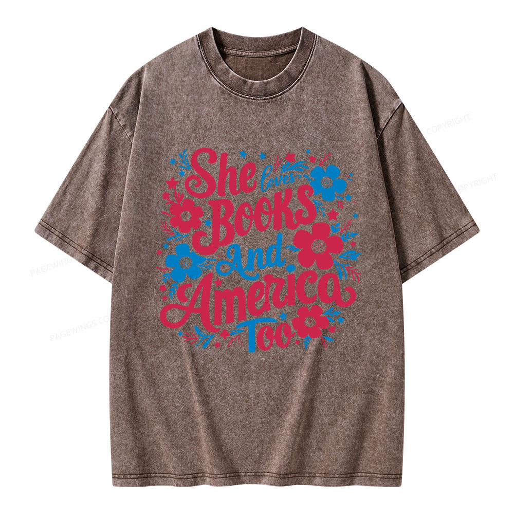 Pagewings She Loves Books And America Too Unisex Washed T-shirt