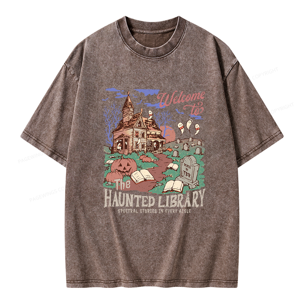 Pagewings Welcome To The Haunted Library Unisex Washed T-shirt