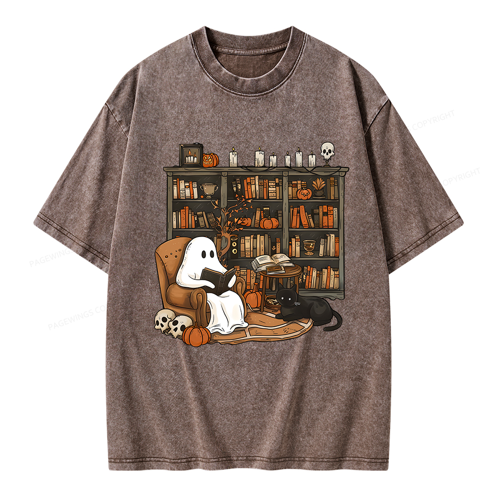 Pagewings Halloween Ghost Reading Books Unisex Washed T-shirt