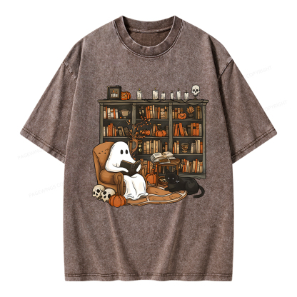 Pagewings Halloween Ghost Reading Books Unisex Washed T-shirt