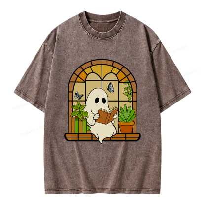 Pagewings Ghost Reading Book Halloween Unisex Washed T-shirt