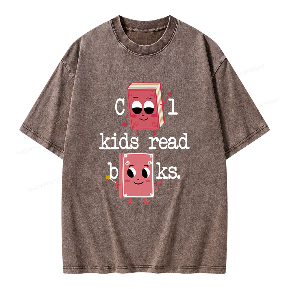 Pagewings Cool Kids Read Books. Unisex Washed T-shirt