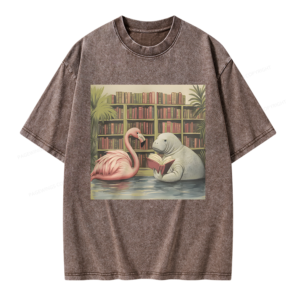 Pagewings Flamingo & Manatee Reading Book Unisex Washed T-shirt