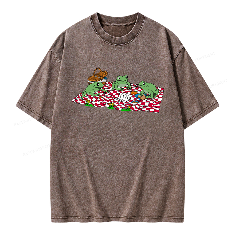 Pagewings Frog Picnic Book Summer Unisex Washed T-shirt