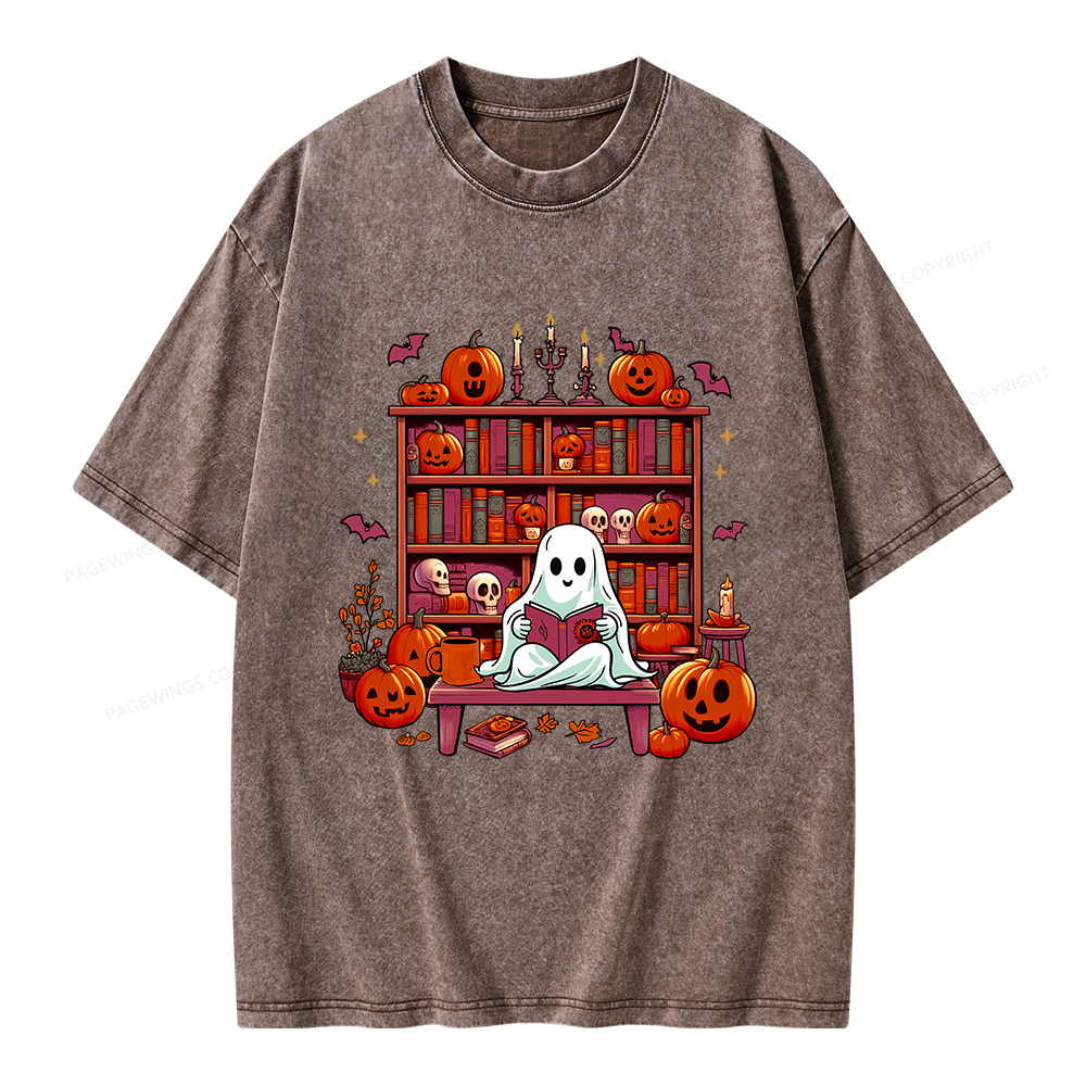 Pagewings Ghost Book Reader  Unisex Washed T-shirt