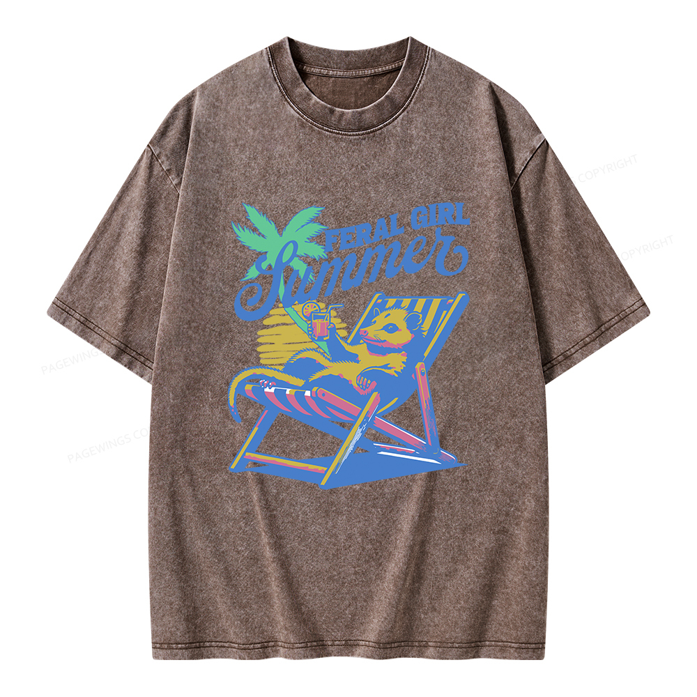 Pagewings Feral Girl Summer Opossum Unisex Washed T-shirt