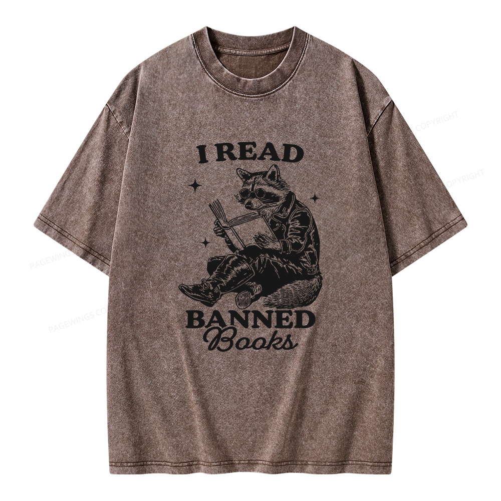 Pagewings I Read Banned Books Raccoon Reading Unisex Washed T-shirt