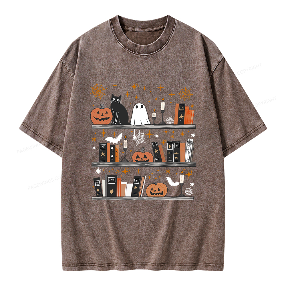 Pagewings Halloween Book Shelf Summerween Unisex Washed T-shirt