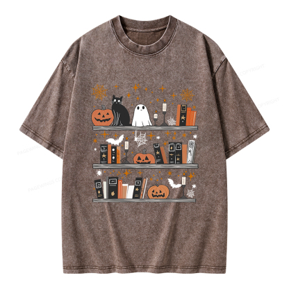 Pagewings Halloween Book Shelf Summerween Unisex Washed T-shirt