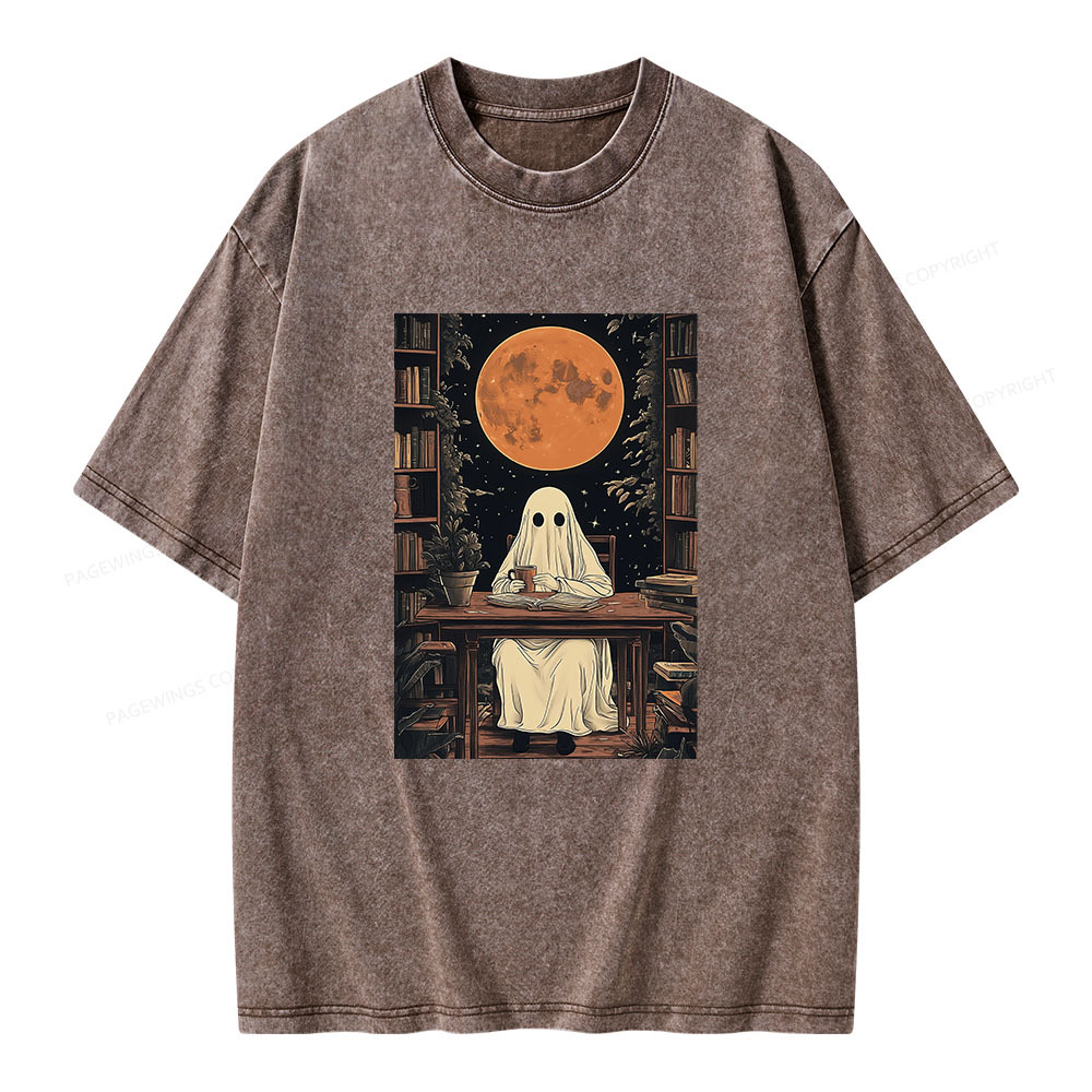 Pagewings Halloween Ghost Books Coffee  Unisex Washed T-shirt