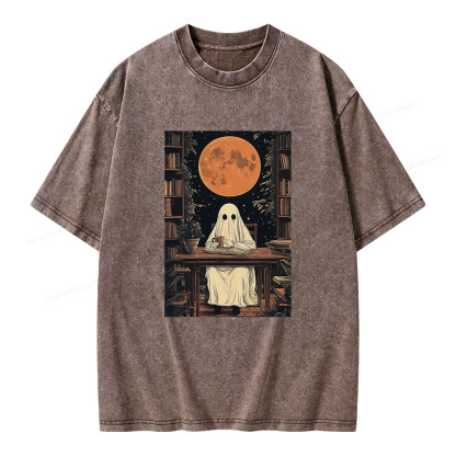 Pagewings Halloween Ghost Books Coffee  Unisex Washed T-shirt