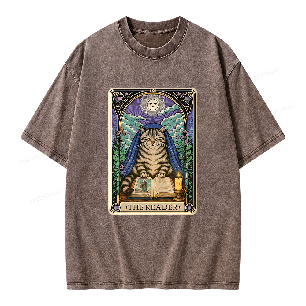 Pagewings The Reader Cat Tarot CardsUnisex Washed T-shirt