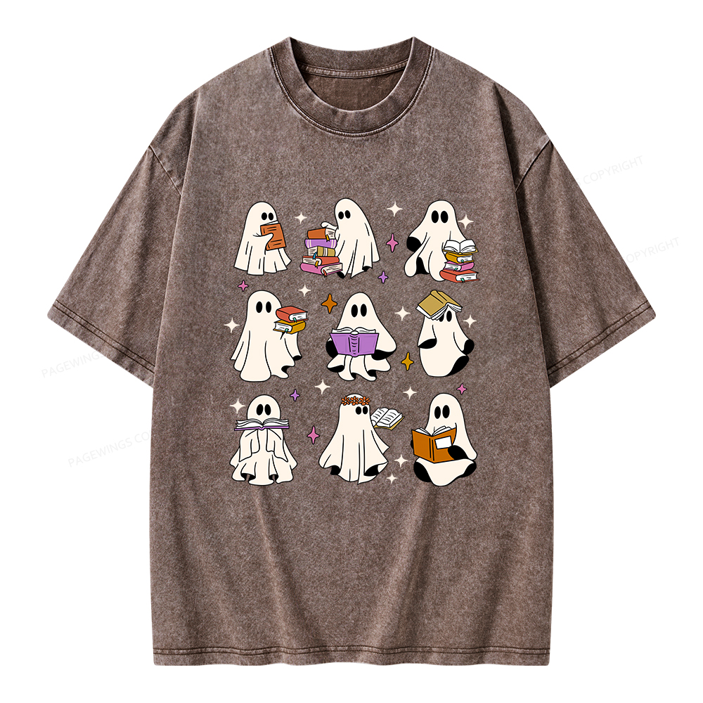 Pagewings Ghost Reading Books Unisex Washed T-shirt