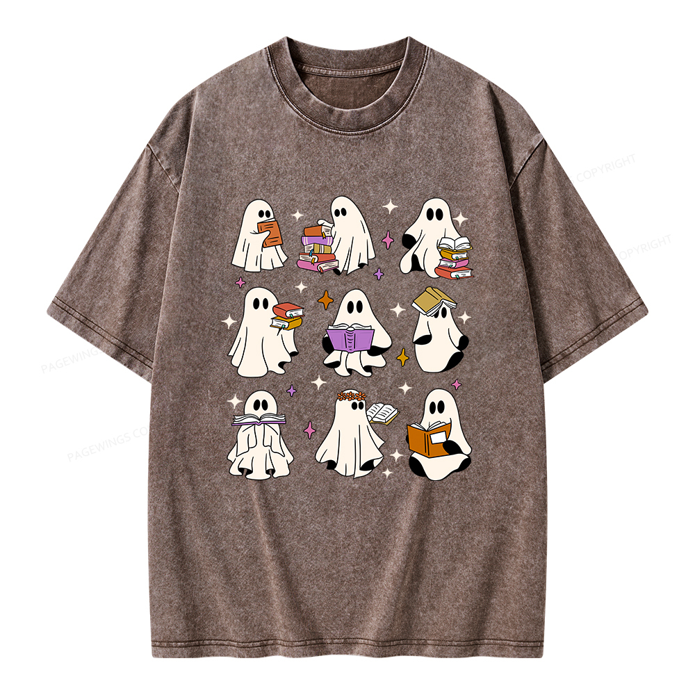 Pagewings Ghost Reading Books Unisex Washed T-shirt