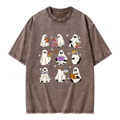 Pagewings Ghost Reading Books Unisex Washed T-shirt