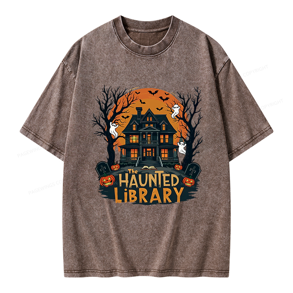 Pagewings Haunted Library Halloween Unisex Washed T-shirt