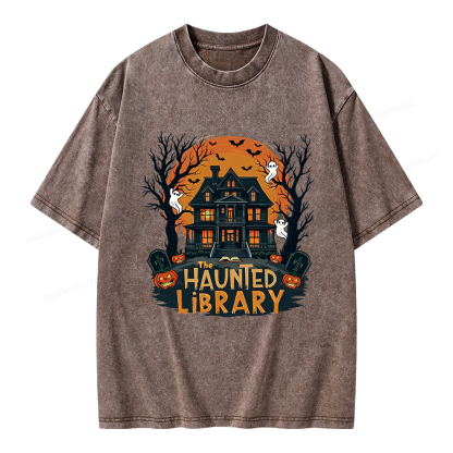 Pagewings Haunted Library Halloween Unisex Washed T-shirt