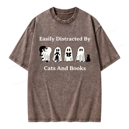 Pagewings Easily Distracted By Cats And Books Unisex Washed T-shirt