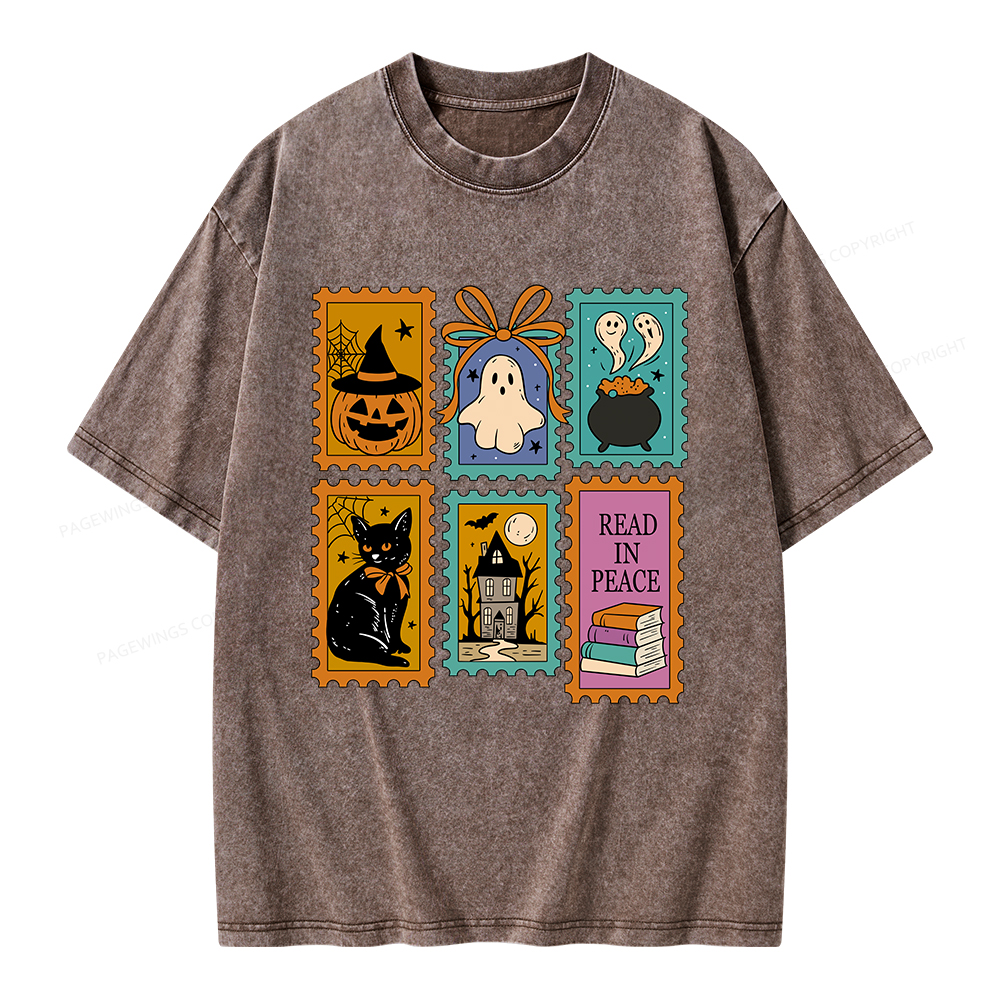Pagewings Halloween Cute Ghost Pumpkin Cat Unisex Washed T-shirt