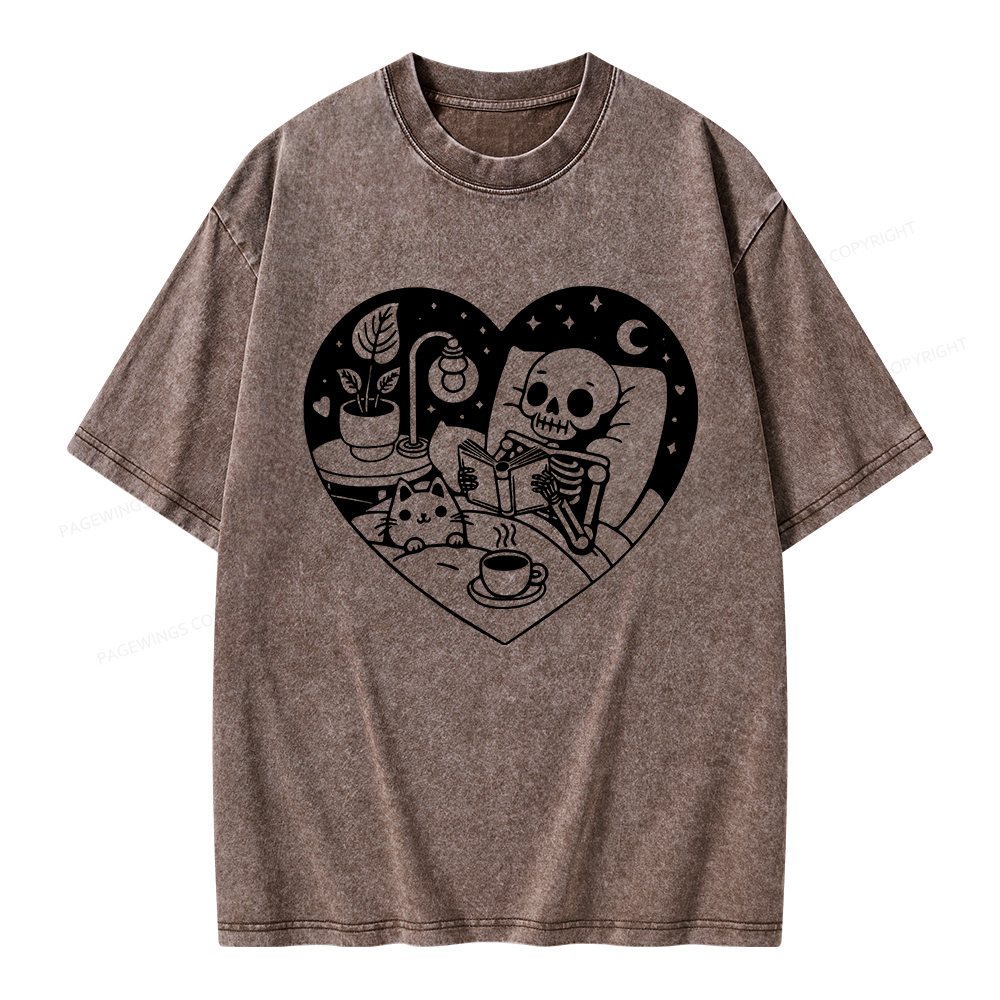 Pagewings Reading Skeleton and Cat Unisex Washed T-shirt