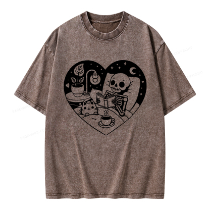 Pagewings Reading Skeleton and Cat Unisex Washed T-shirt