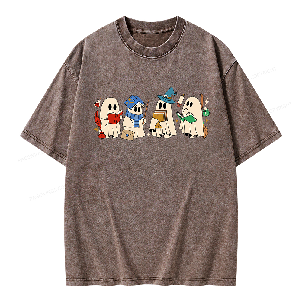 Pagewings Halloween Ghosts Reading Book Unisex Washed T-shirt