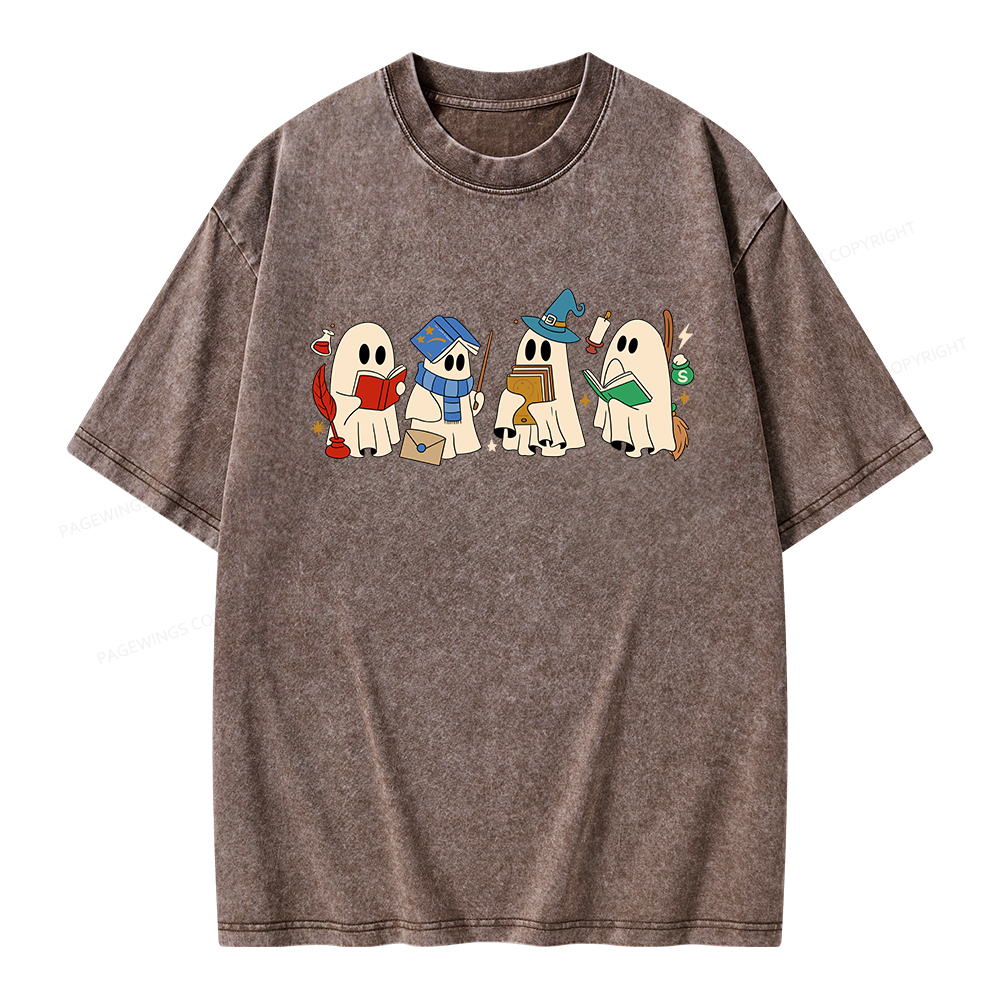 Pagewings Halloween Ghosts Reading Book Unisex Washed T-shirt