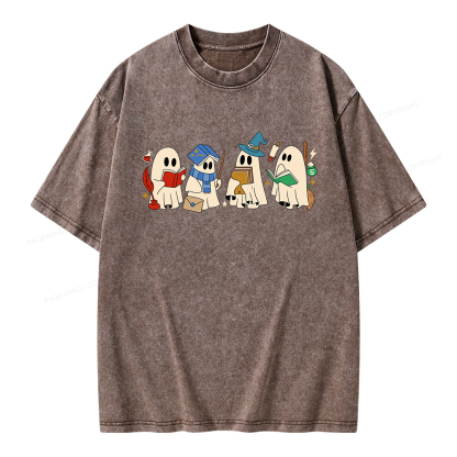 Pagewings Halloween Ghosts Reading Book Unisex Washed T-shirt