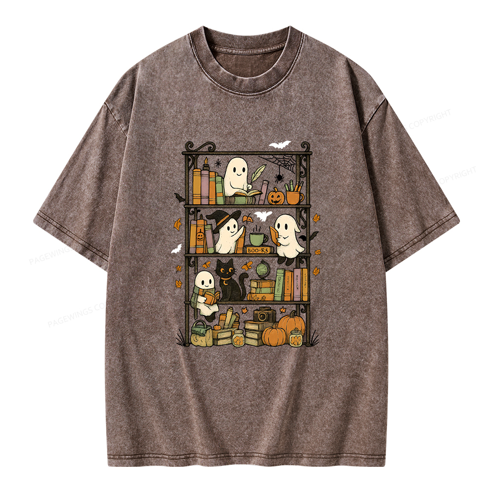 Pagewings Retro Halloween Bookshelf Unisex Washed T-shirt