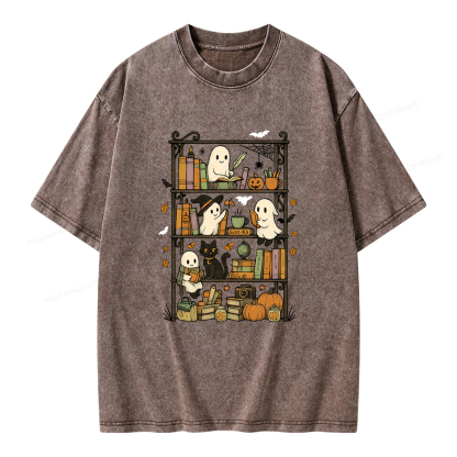Pagewings Retro Halloween Bookshelf Unisex Washed T-shirt