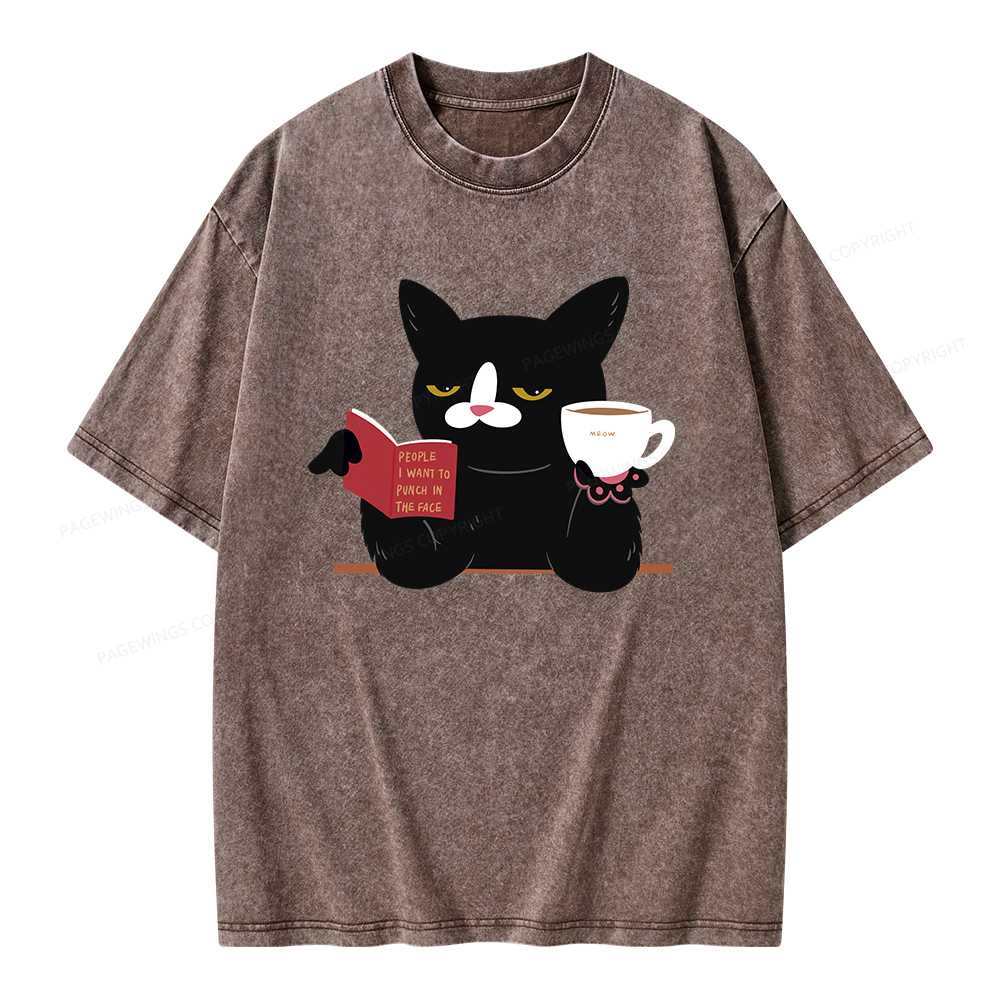 Pagewings A Cat Reading A Book While Drinking Coffee Unisex Washed T-s