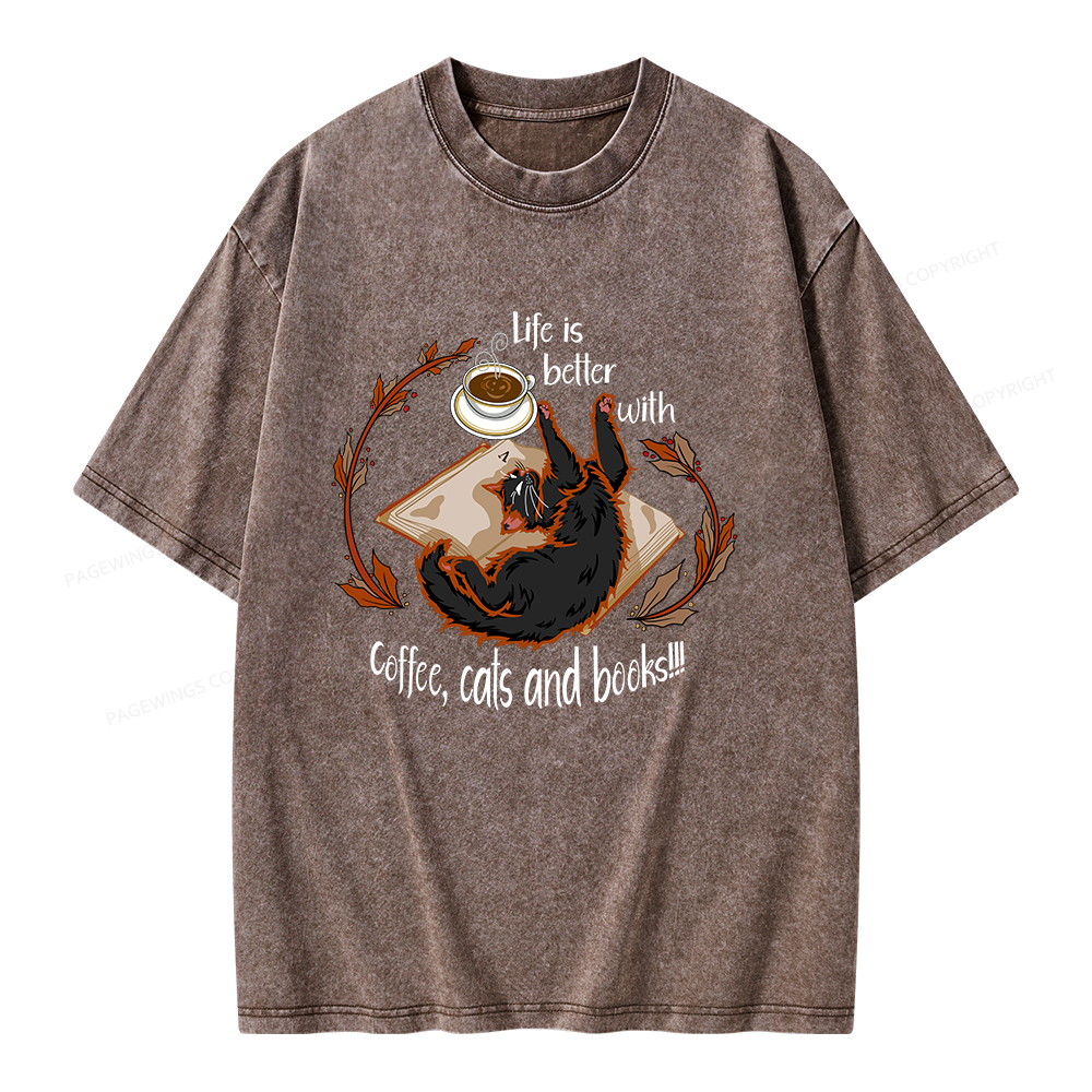 Pagewings Life Is Better With Coffee Cats And Books Unisex Washed T-shirt