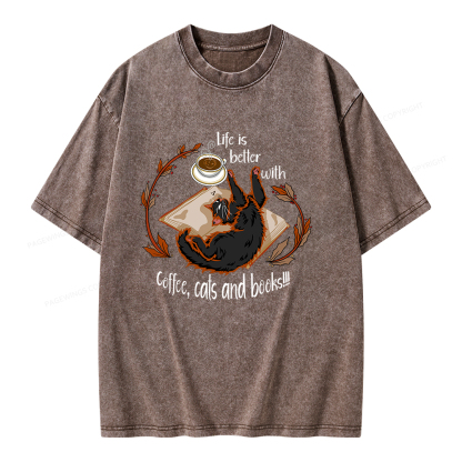 Pagewings Life Is Better With Coffee Cats And Books Unisex Washed T-shirt