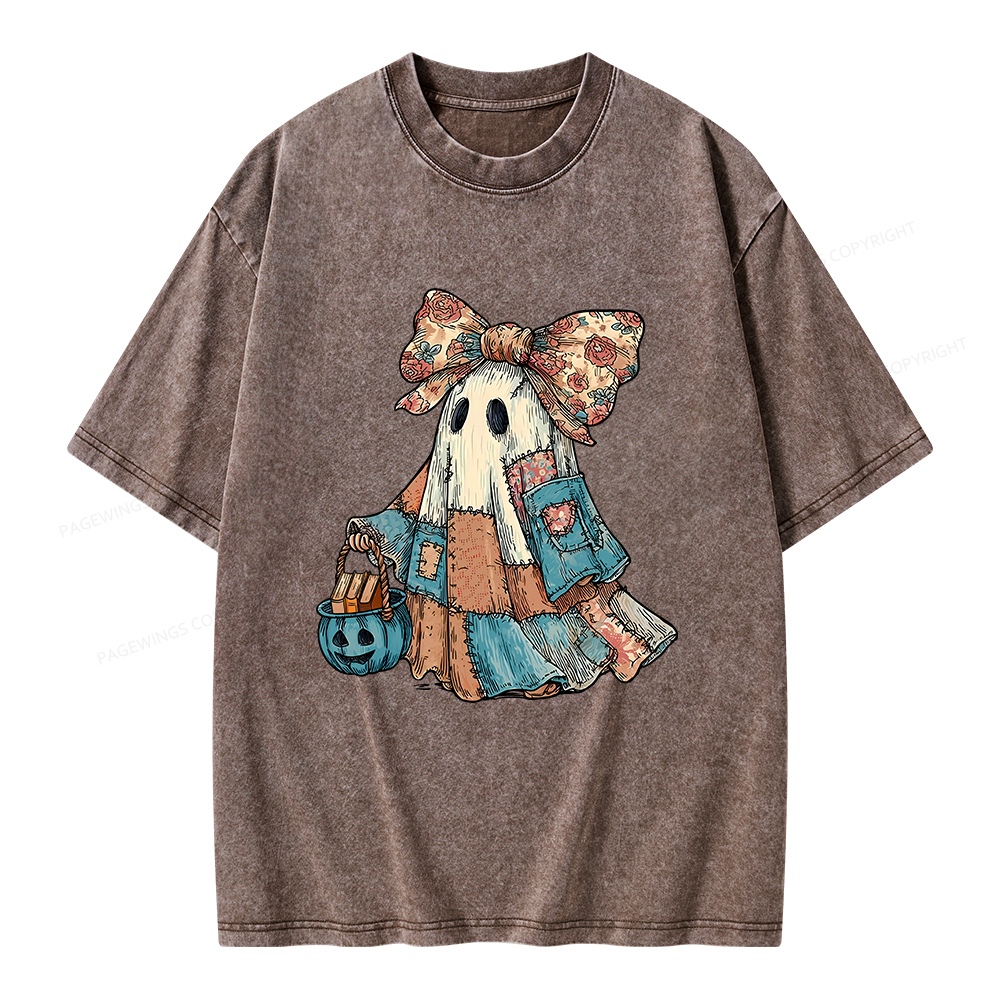 Pagewings Halloween Patchwork Spooky Ghost Buy Books Unisex Washed T-shirt