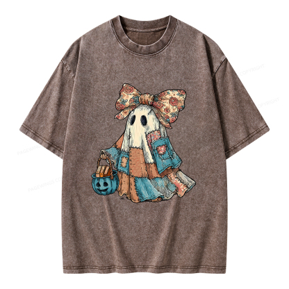 Pagewings Halloween Patchwork Spooky Ghost Buy Books Unisex Washed T-shirt