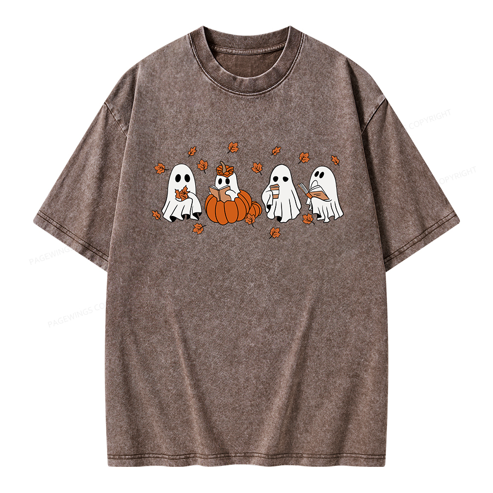 Pagewings Halloween Fall Ghost Reading Books Unisex Washed T-shirt