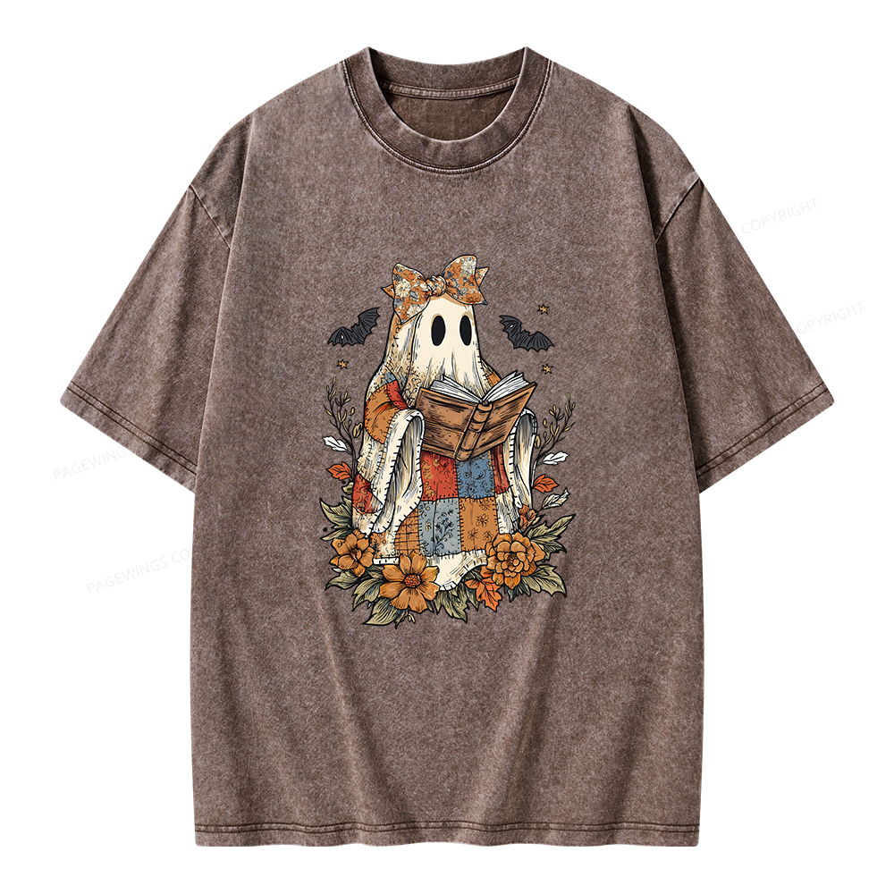 Pagewings Patchwork Ghost Reading Books Unisex Washed T-shirt