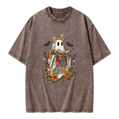Pagewings Patchwork Ghost Reading Books Unisex Washed T-shirt