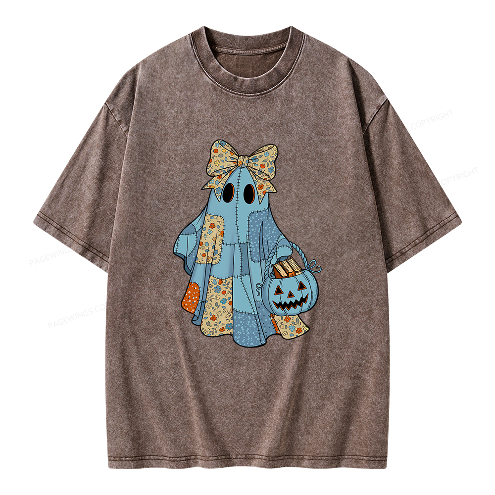 Pagewings Halloween Patchwork Spooky Ghost Reading Books Unisex Washed T-shirt