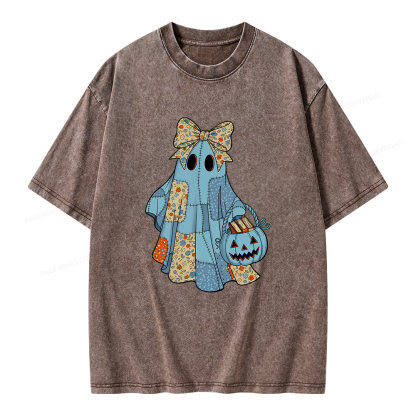 Pagewings Halloween Patchwork Spooky Ghost Reading Books Unisex Washed T-shirt