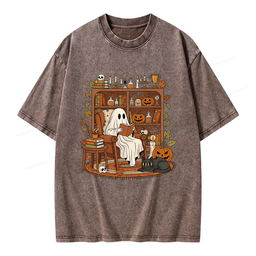 Pagewings Cozy Ghost Reading Halloween Unisex Washed T-shirt