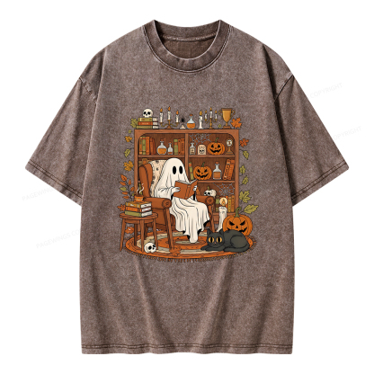 Pagewings Cozy Ghost Reading Halloween Unisex Washed T-shirt