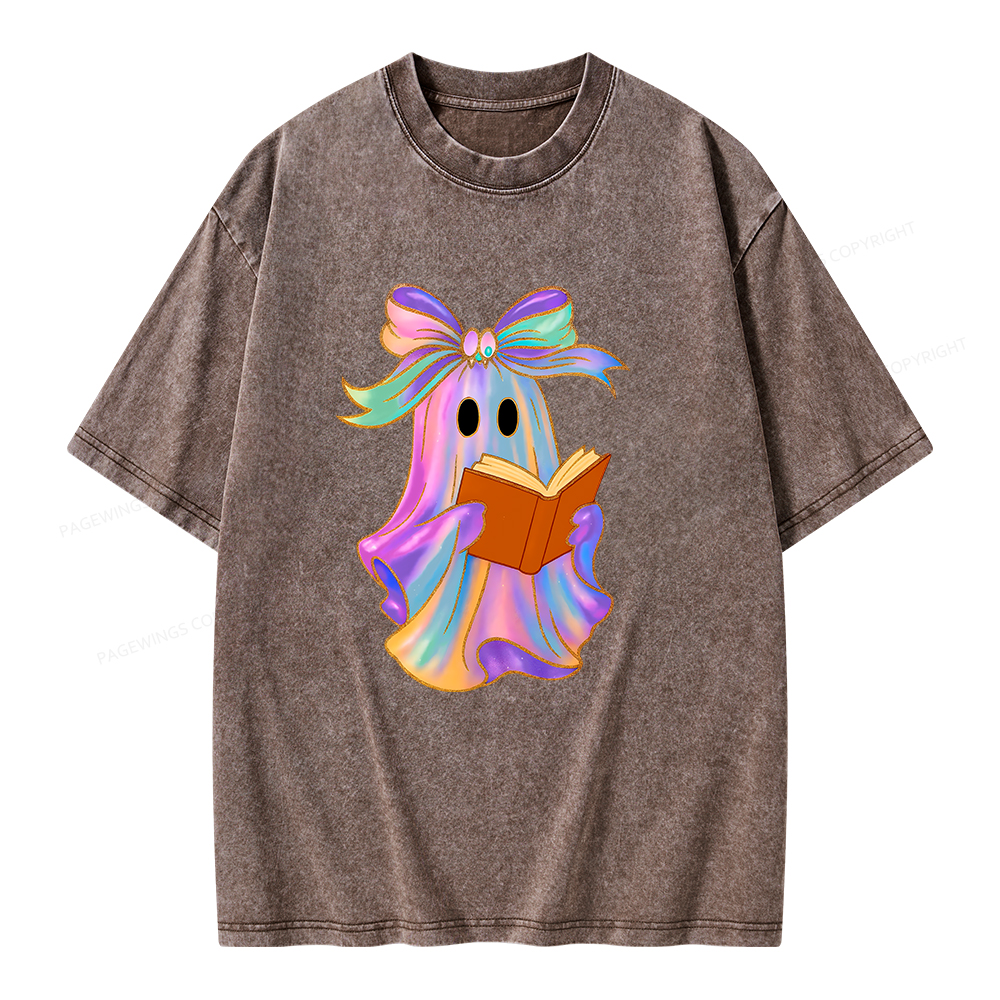 Pagewings Ghost Reading Halloween Unisex Washed T-shirt