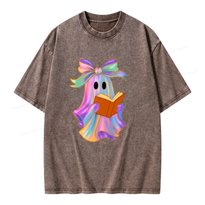 Pagewings Ghost Reading Halloween Unisex Washed T-shirt
