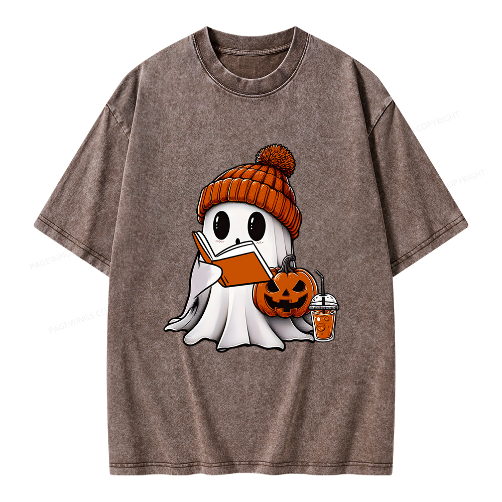 Pagewings Halloween Ghost Book Lover Unisex Washed T-shirt