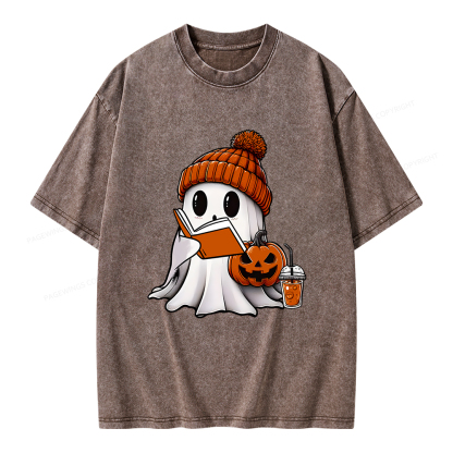 Pagewings Halloween Ghost Book Lover Unisex Washed T-shirt