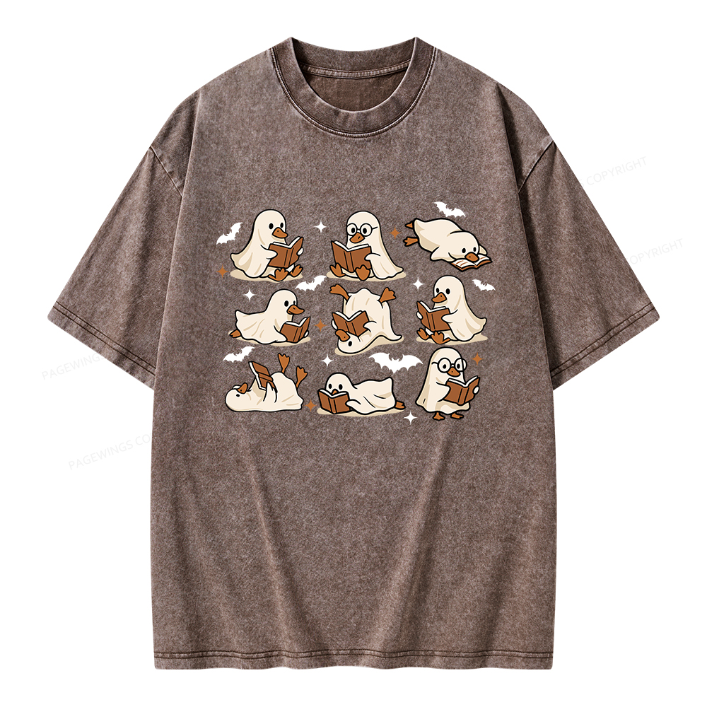 Pagewings Ghost Duck Reading Books Unisex Washed T-shirt