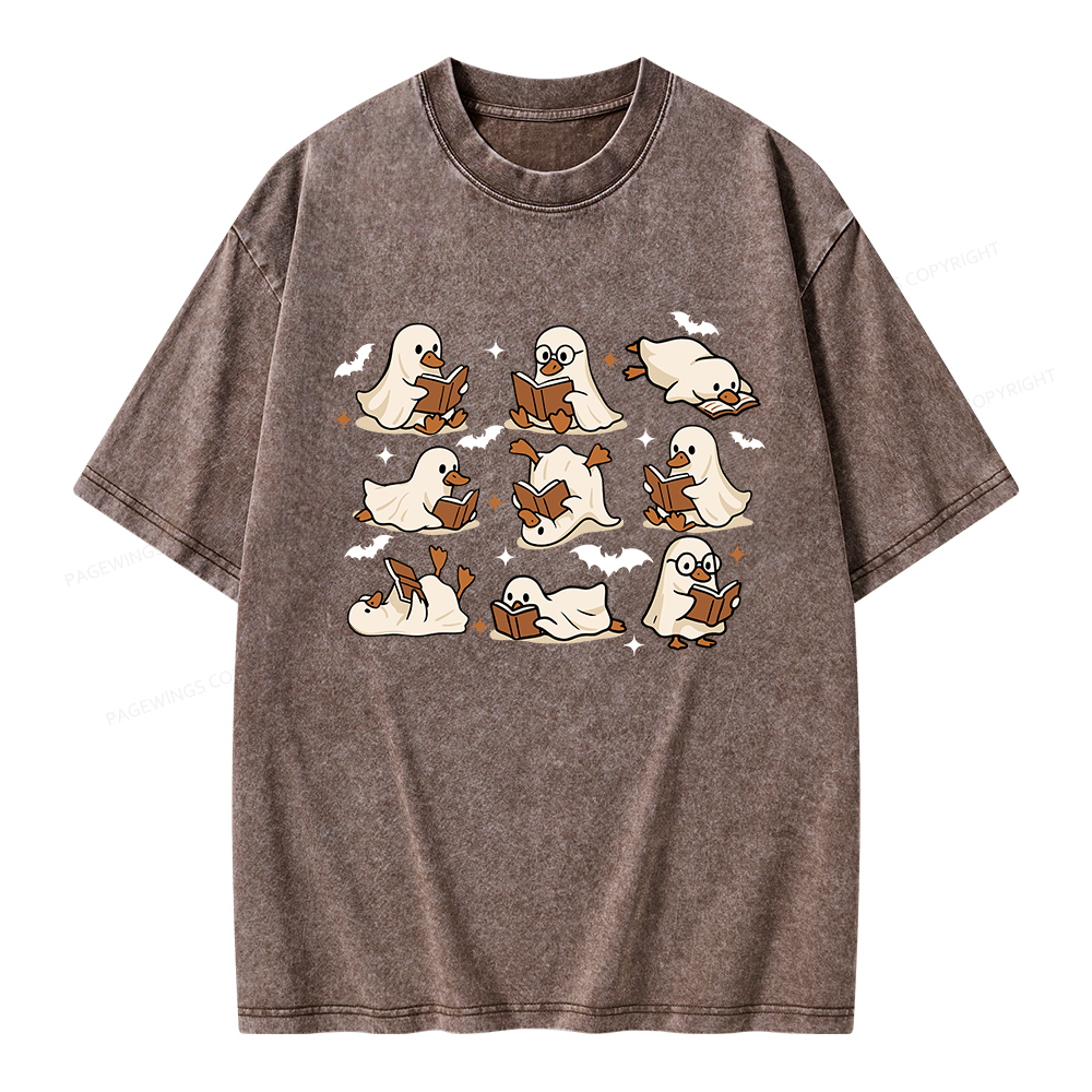 Pagewings Ghost Duck Reading Books Unisex Washed T-shirt