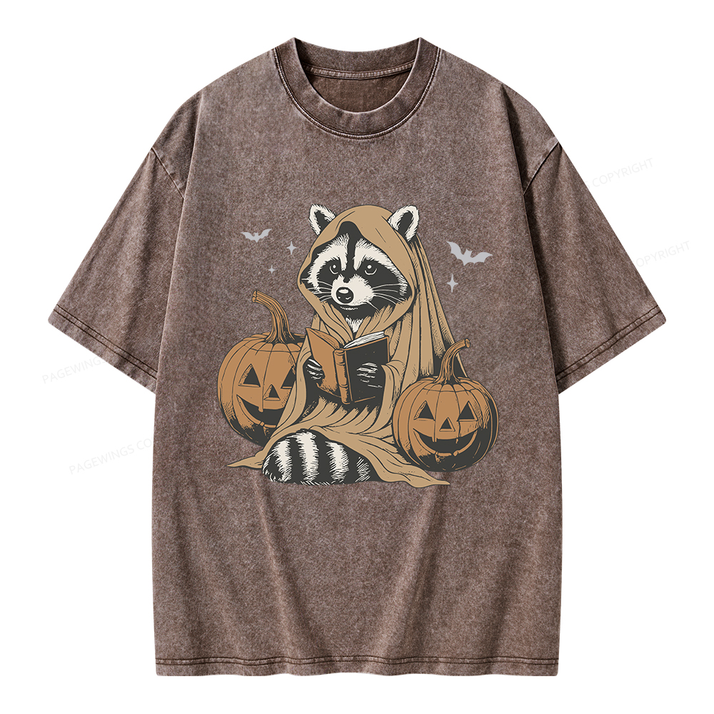 Pagewings Halloween Cute Raccoon Ghost Reading Unisex Washed T-shirt