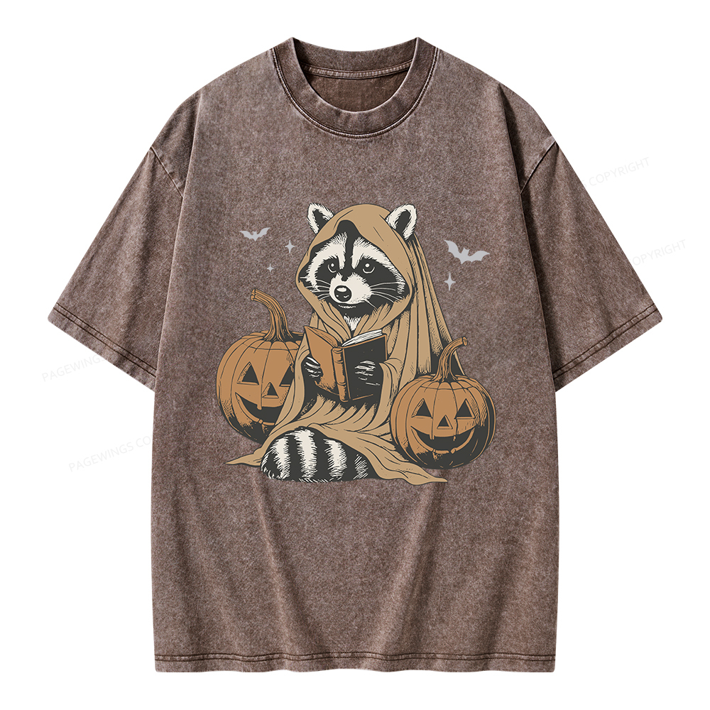Pagewings Halloween Cute Raccoon Ghost Reading Unisex Washed T-shirt